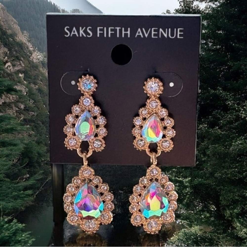 3/$40 Saks Fifth Avenue Gold Chandelier Drop Dangle Earrings Iridescent Crystals
